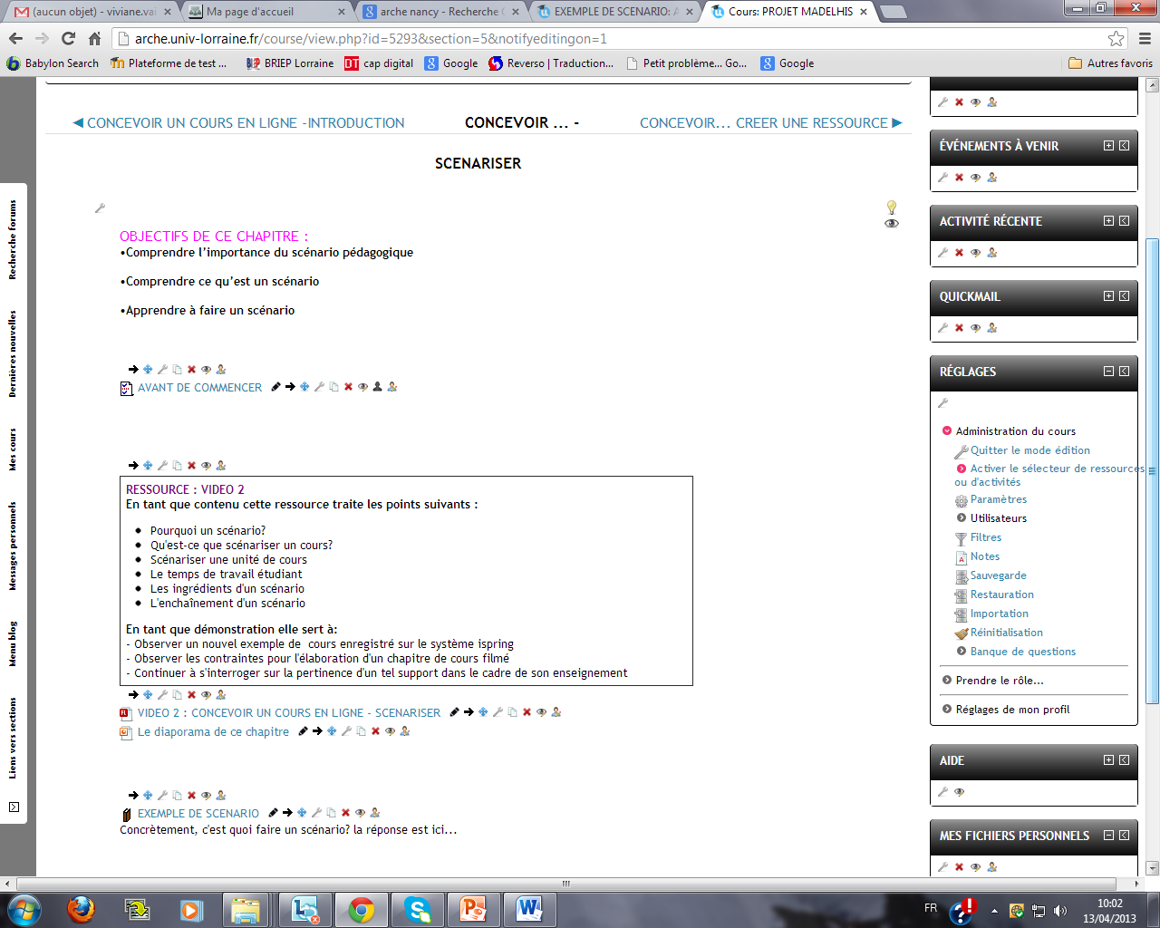 capture ecran d'un cours moodle en mode édition