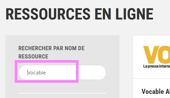 Capture d'écran montrant l'étape 2 : taper "Vocable" dans la barre de recherche